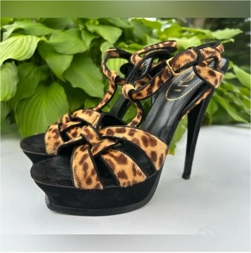 Sandali omaggio Yves Saint Laurent YSL pelo di vitello tacco alto animale 39 US 8 5
