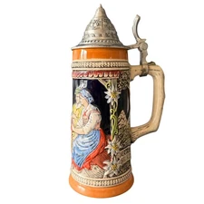 Gerz Germany Beer Stein Edelweiss Floral Tavern Scene Pewter Lid Vintage