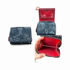 SHANGHAI TANG Black Gray Fabric Red Leather Lining 2-in-1 Wallet Coin Purse 4-5”