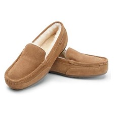 Men's Indoor Outdoor Sheepskin Moccasins Slippers Memory Foam 10 Chestnut