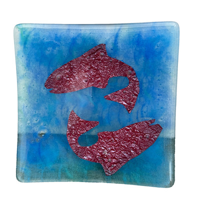 Verschmolzene Kunst Glas Millefiori Marine Unterwasser Ozean Fisch blaue Blase quadratische Platte
