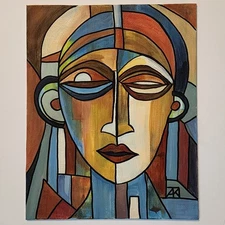 Modern Original Abstract Fine Art Painting Cubism Portrait Signed 8x10 - AMBER K