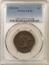 1844/81 BRAIDED HAIR LARGE CENT - PCGS VF-20 BN