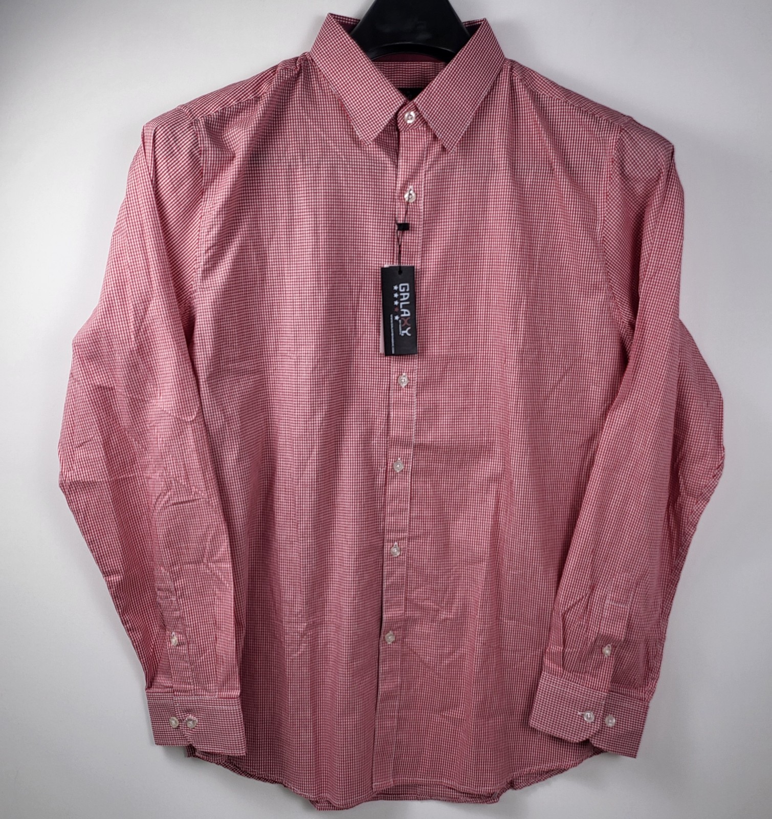 Galaxy By Harvic Men's Red/White Gingham Slim-Fit Button-Down Dress Shirt Large