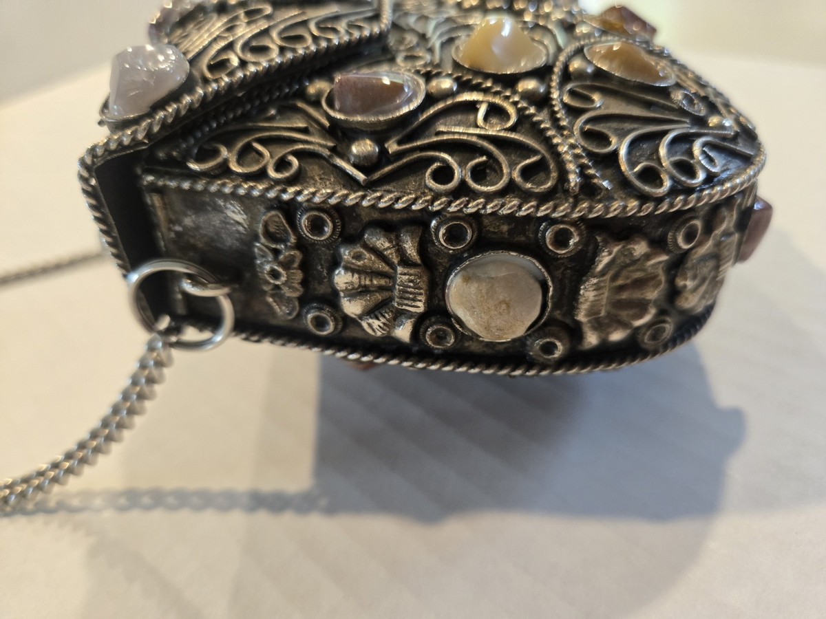 Vintage Sajai Metal Purse Handbag with Natural Agate Stones