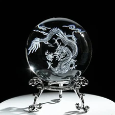 Crystal 2.4 inch (60mm) Chinese Dragon Crystal Ball with Sliver-Plated Flower...