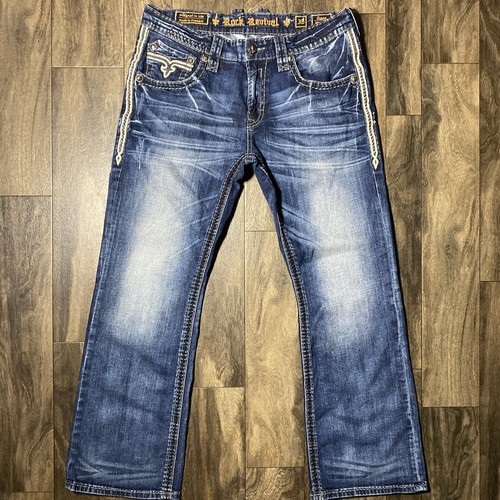 Rock Revival Jeans Men's 36x31 Blue Owen Slim Boot Stretch Thick Stitch/Leather - Picture 2 of 22