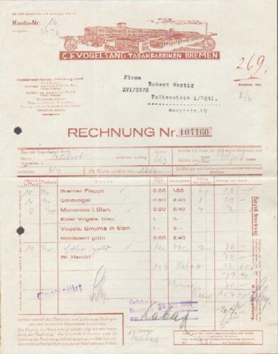 BREMEN, Rechnung 1929, Tabak-Fabriken C. F. Vogelsang - Bild 1 von 1