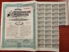 Mexico 1908 Banco Peninsular Mexicano Twin Ladies $ 100 Pesos Coupons Bond Share