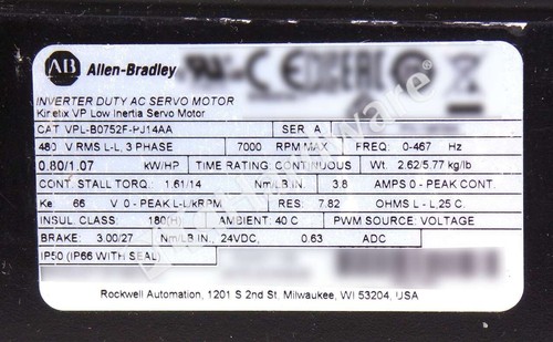 Allen Bradley VPL-B0752F-PJ14AA /A 480VAC 4500RPM w/ 24V Brake Servo Motor Read - Picture 8 of 8
