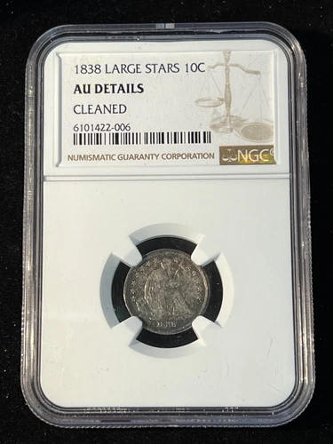 1838 SEATED LIBERTY DIME  LARGE STARS NGC AU DETAILS CLEANED