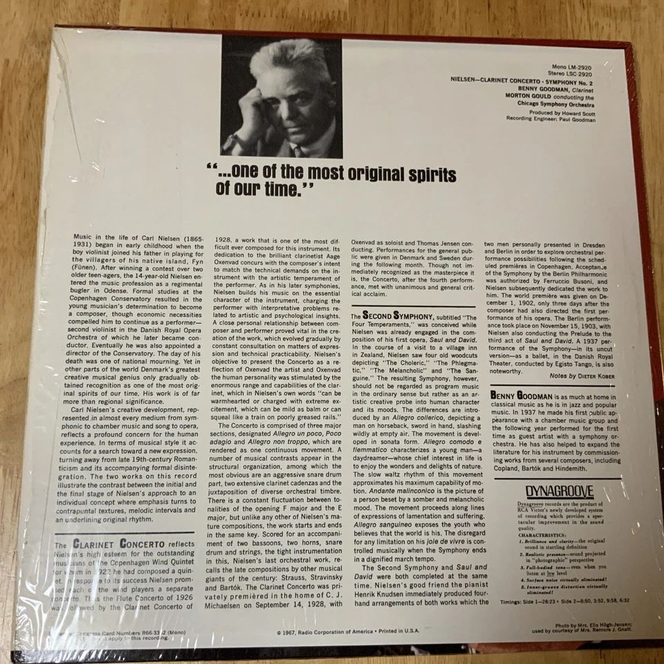 Benny Goodman Morton Gould Nielsen Clarinet Concerto LP 1967 RCA LSC-2920 sealed - Image 2 of 4
