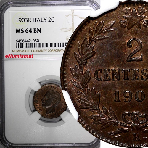 Italy Vittorio Emanuele III Bronze 1903 R 2 Centesimi NGC MS64 BN KM# 38 (050)