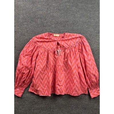 Ulla Johnson Blouse Womens 10 Pink Orange Chevron Ikat Keyhole Pre-Fall 2022