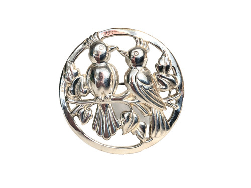 Coro Sterling Craft 40's Love Birds Sterling Silver Pin Brooch 2.25" Estate Find