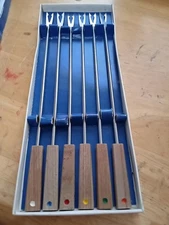 Set Of 6  2-Prong Fondue Forks Stainless Steel W/Wood Handles. With Damaged Box