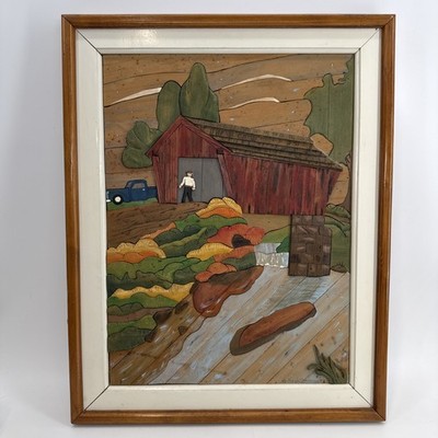 Framed Art Of Carved Layered wood, rustic scene covered bridge Frank Thompson 96