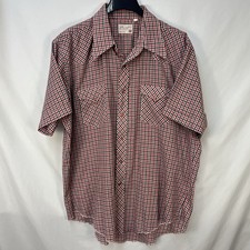 VINTAGE 70S WRANGLER RED GINGHAM LONG TAILS S/S PEARL SNAP WESTERN SHIRT 18 USA