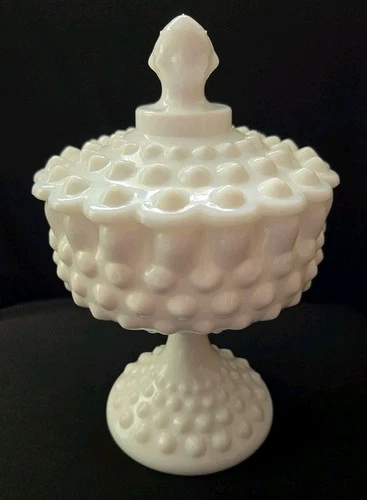 VTG FENTON MILK GLASS WHITE LIDDED PEDESTAL CANDY DISH HOBNAIL