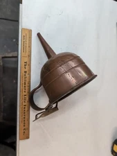 ANTIQUE THUMB CONTROLLED COPPER FUNNEL WITH STRAINER.