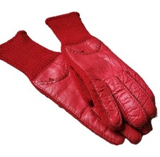 Vintage Aris Red Leather Knit Driving Gloves Winter Warm Retro Mid-Century OS