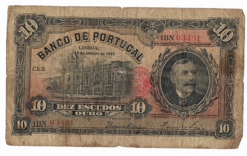 EUROPE: 10 ESCUDOS BANK OF PORTUGAL. YEAR 1925. WITH SERIES. RC+/POOR. IDEAL.