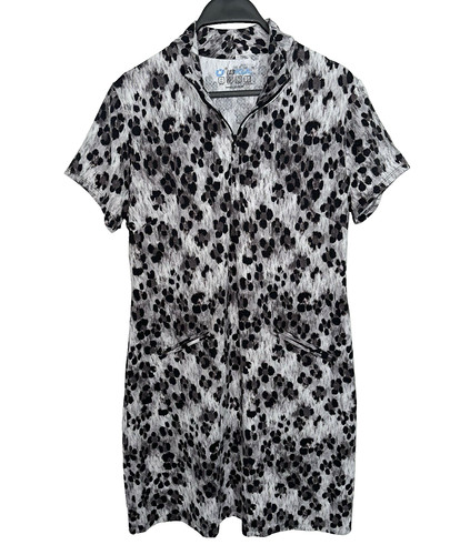 IBKUL Size Large 1/4 Zip Mini Dress Golf Tennis Stretch Snow Leopard Print Gray