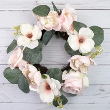 Candle Ring Wreath Blush Rose Ranunculus Flowers Floral 5" inside 10" Overall