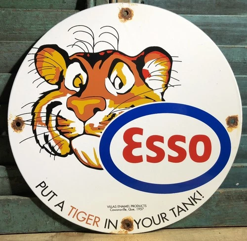 VINTAGE 1957 DATED ESSO PUT A TIGER IN YOUR TANK PORCELAIN SIGN GAS OIL STATION