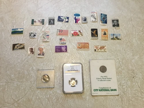 1955 D 10 Cent FDR NGC MS64 SILVER 5 C 1911 & 1968S UNC 20 USA STAMP 1950’S LOT