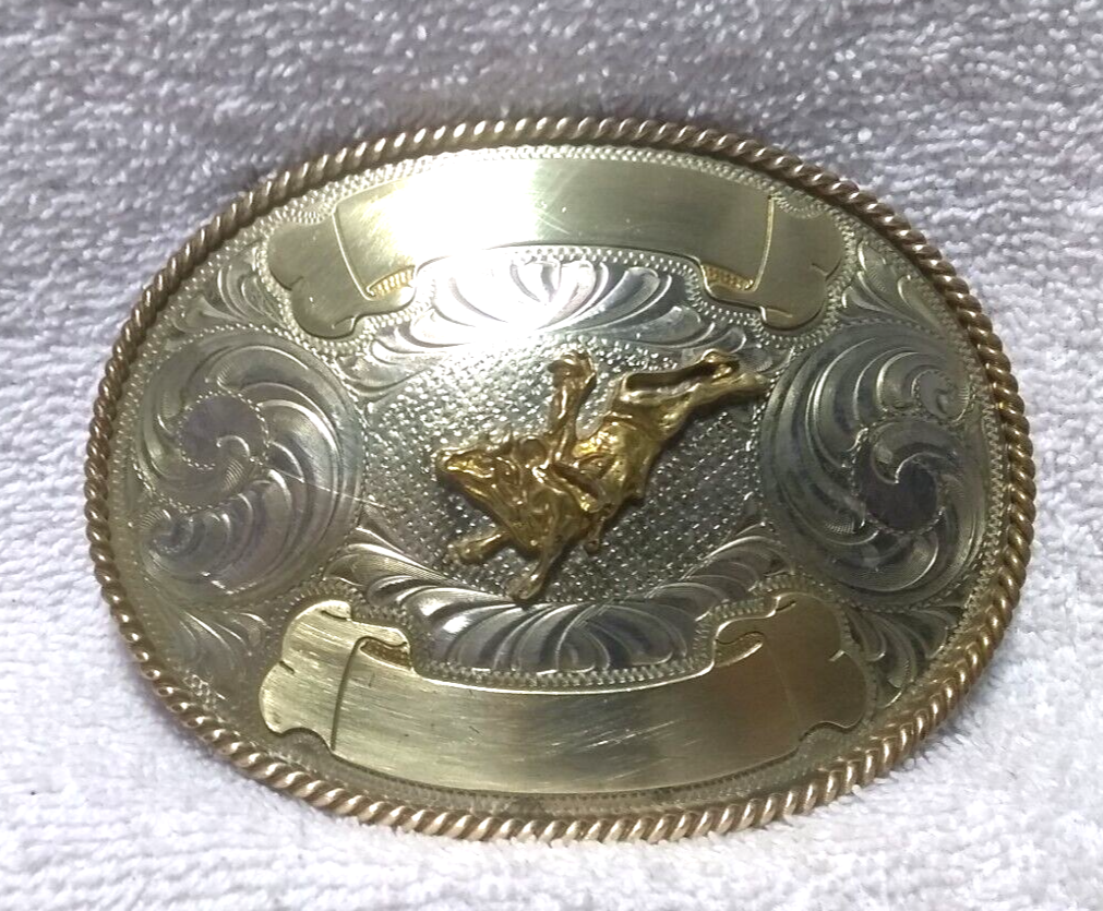 Vtg Nickle Silver Custom Made Emerald And Brass Front Bullriding Belt Buckle Vintage Jeweled Trophy Bull Rider Riding Montana  main image 2