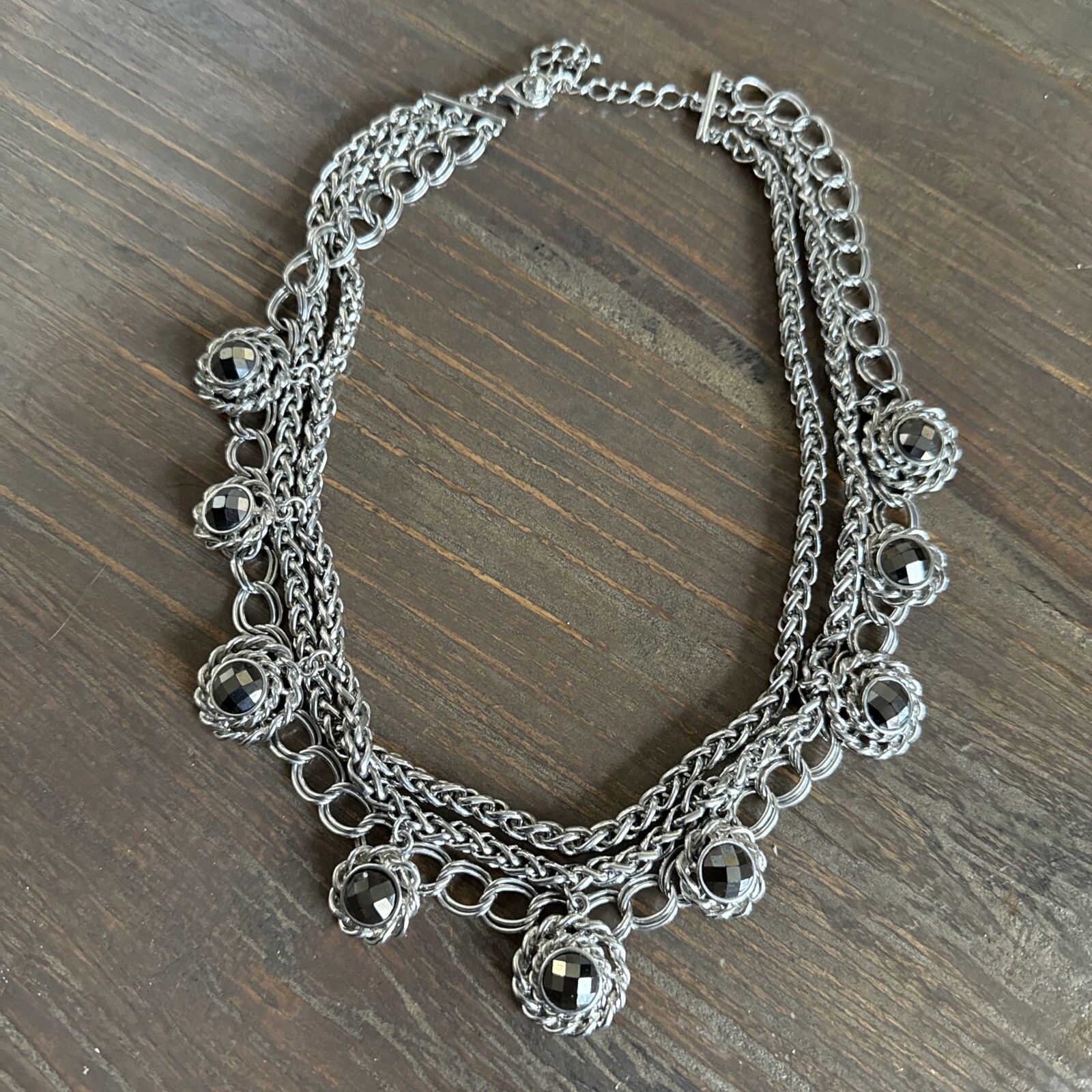 Silver Tone Crystal Rhinestone 3 Strand Choker Necklace Heavy Quality Costume