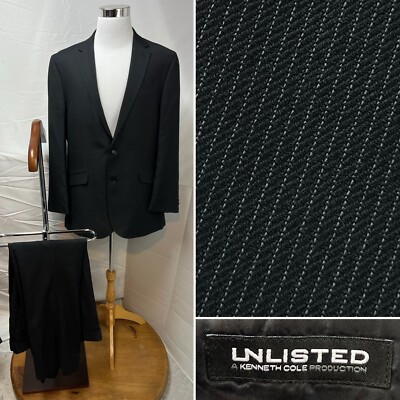 Kenneth Cole Unlisted Men's 46L Blazer Jacket 40x32 Pants Black Pinstripe Suit