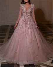 Princess Beading Flowers Evening Dresses Arabic Dubai Pink Long Sleeves
