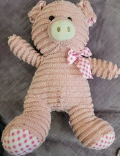 Hugfun Hug Fun Pink Cord Pig Chenille Ribbed Plush 15” Stuffed Checkered Ribbon