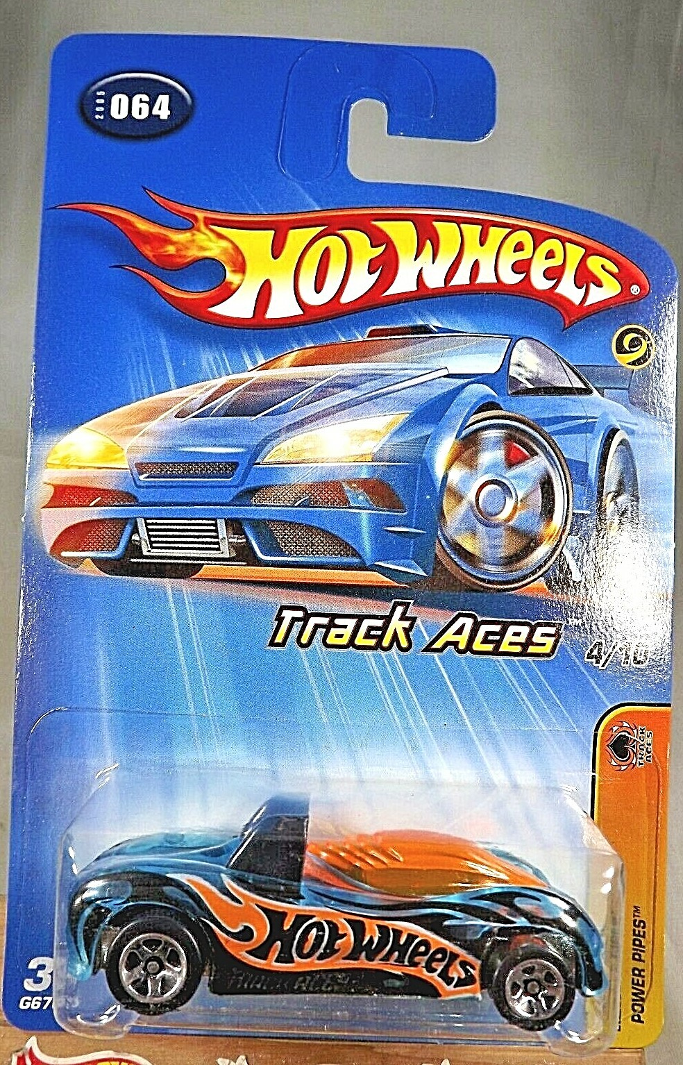 2005 Hot Wheels #64 Track Aces POWER PIPES Blue w/Chrome 5 Spoke Wheels