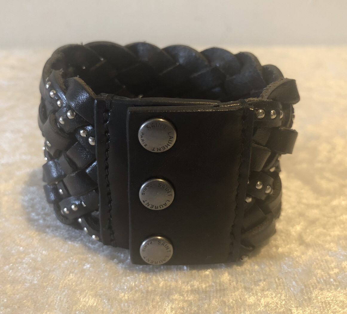 アクセサリー Saint Laurent Studded leather bracelet New Authentic SAINT LAURENT Black Leather De Force Gold
