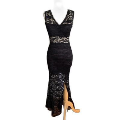 Women's Long Black Lace Sexy Gothic Mortica Witch Costume Vampire Slit Dress XS