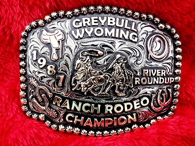 RODEO TEAM ROPING CHAMPIONSHIP Trophy Buckle GREYBULL WYOMING 1987 RARE 649