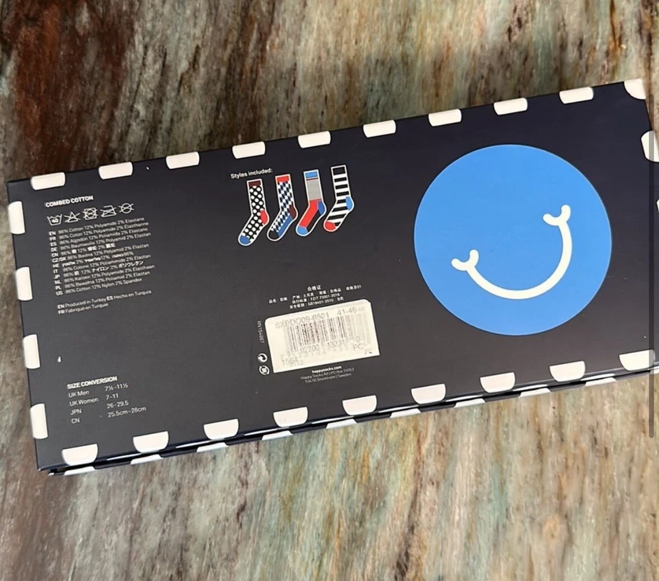 Happy Socks Gift Box Set 4 Pairs Classic Adult Crew Size Mens Socks 8-12 NEW - Image 3 of 4