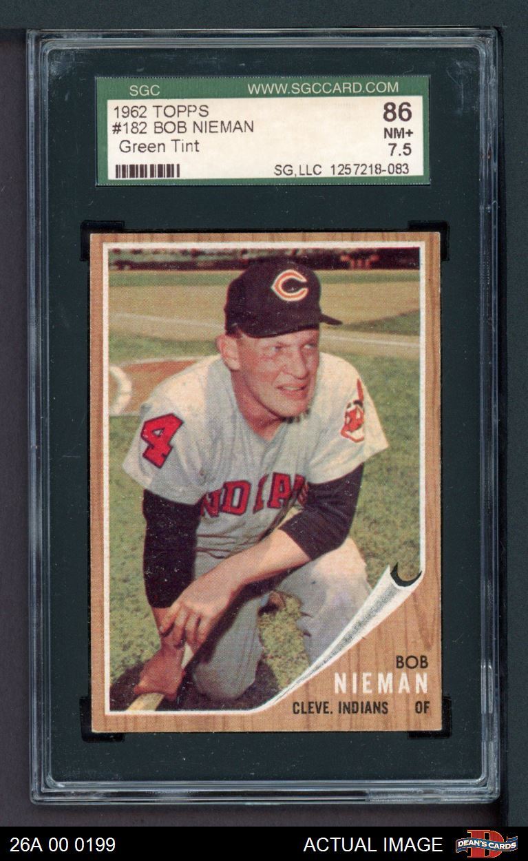 1962 Topps #182 Bob Nieman Green Tint Indians RARE VARIATION SGC 7.5 - NM+