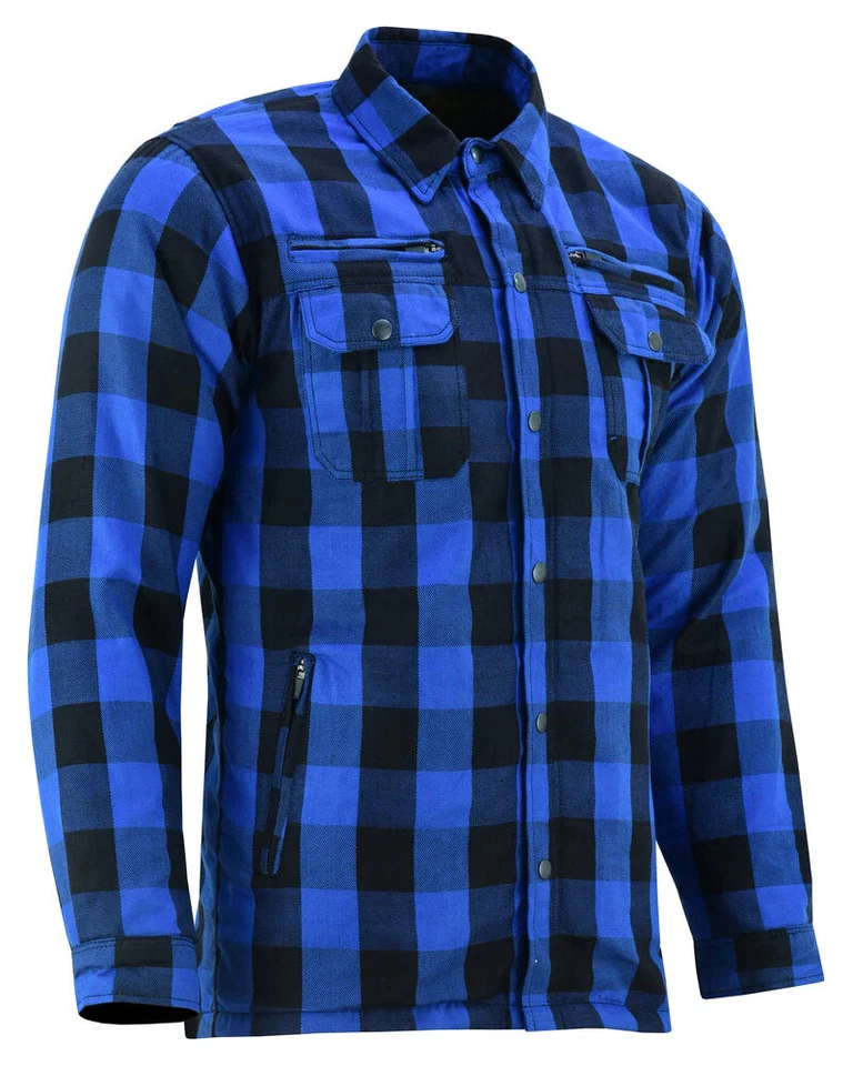 Men Motorcycle Plaid Lined Flannel Biker Shirt With Armor Pads & 2 Pockets Blue - Image 2 of 4