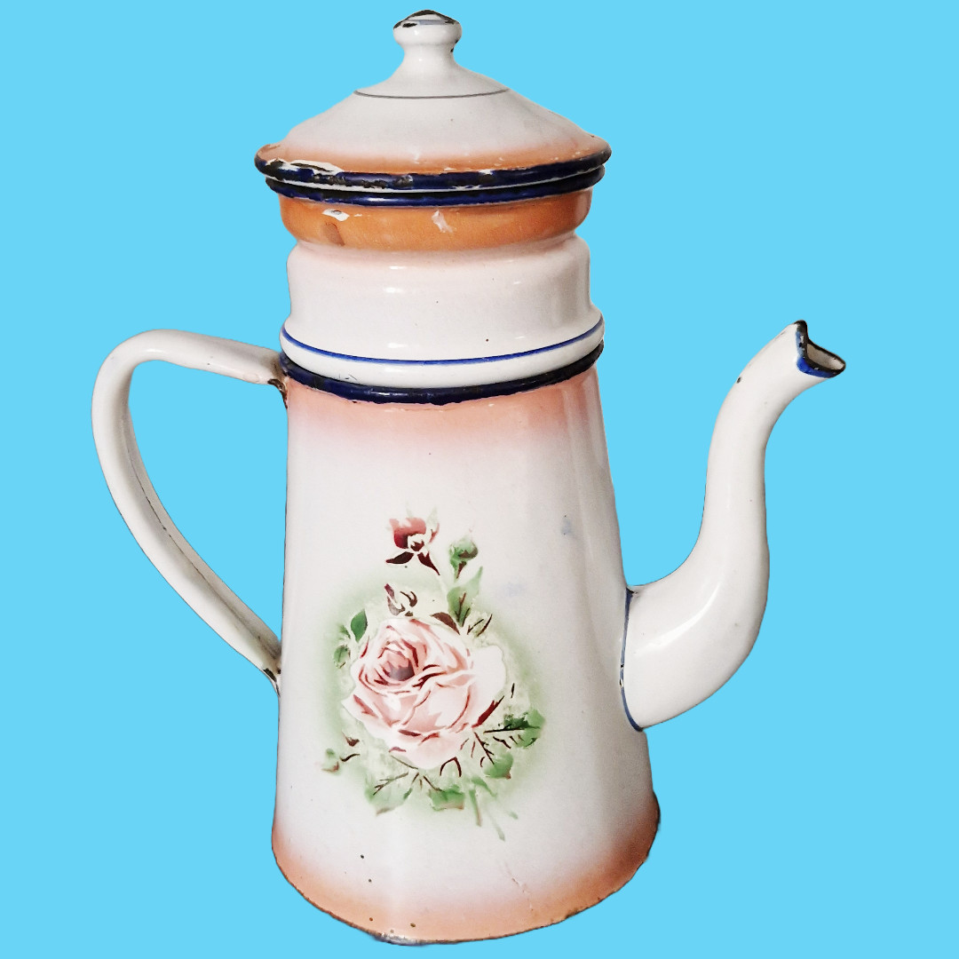 Cafetera vintage de chapa esmaltada japy decorada con rosas y pensamientos
