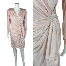 Vintage 80s Cocktail Dress Women's Small Baby Pink Gathered V-Neck Ruched Wrap S