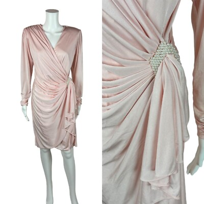 Vintage 80s Cocktail Dress Women's Small Baby Pink Gathered V-Neck Ruched Wrap S