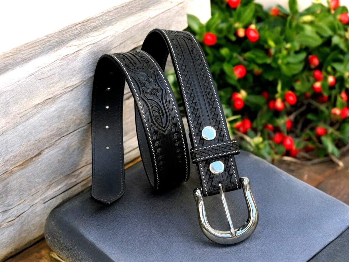 Western Leather Belt Vintage Tooled Embossed Strap Antique Silver Buckle Western Genuine Leather Belt Full Grain Handmade Men main image 2