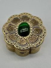Coty Emeraude Green Jeweled Perfume Parfum Compact Case Gold Trinket Box Vintage