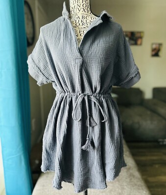 Aakaa Crinkle Gauze Mini Dress Blue 100% Cotton S Distressed Drawstring  Waist