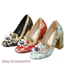 Women's Beads Rhinestones Dress Embroidery Flower High Heels Pearls Satin Shoes