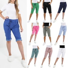Womens Magic Shorts Stretch Italian Lagenlook Turned Hem Capri Bermuda 3/4Crops